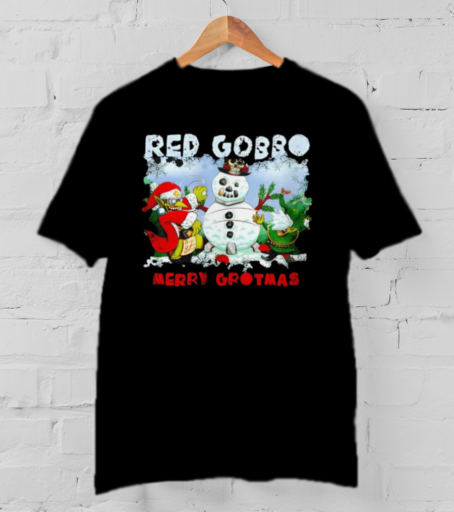 Red Gobbo Merry Grotmas Snowman Scene With Goblins Holiday Cheer T-Shirt