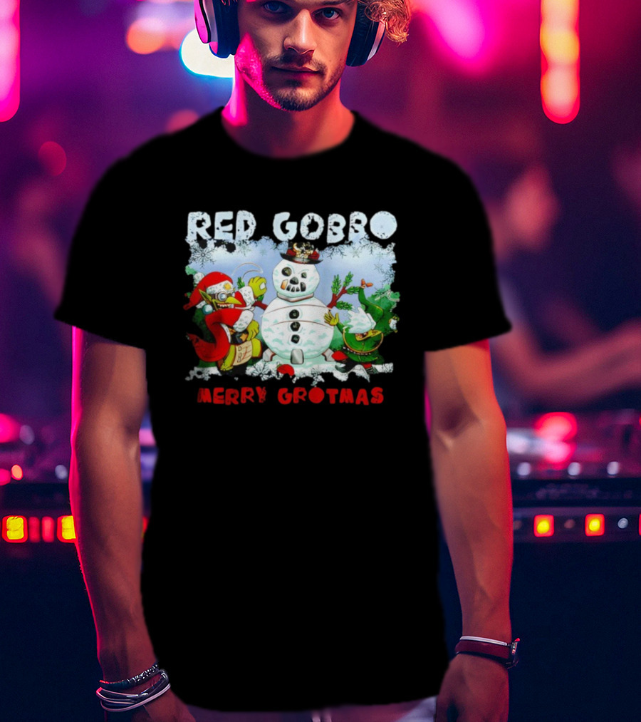 Red Gobbo Merry Grotmas Snowman Scene With Goblins Holiday Cheer T-Shirt
