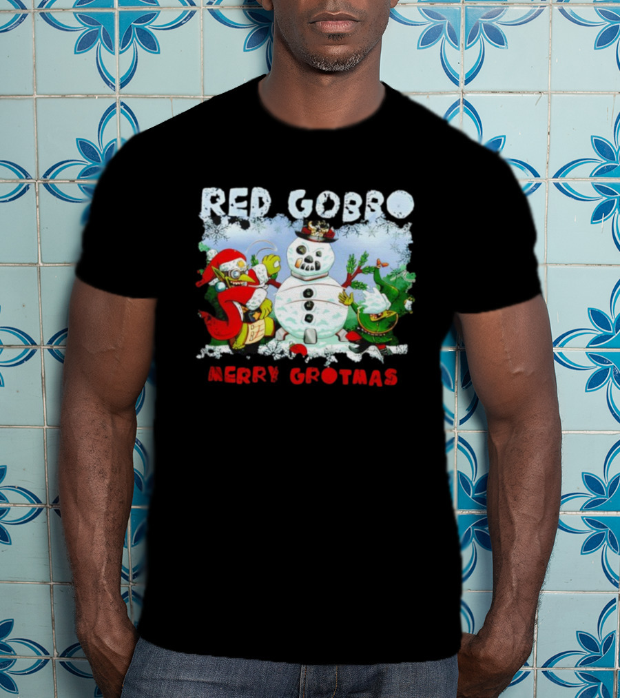 Red Gobbo Merry Grotmas Snowman Scene With Goblins Holiday Cheer T-Shirt