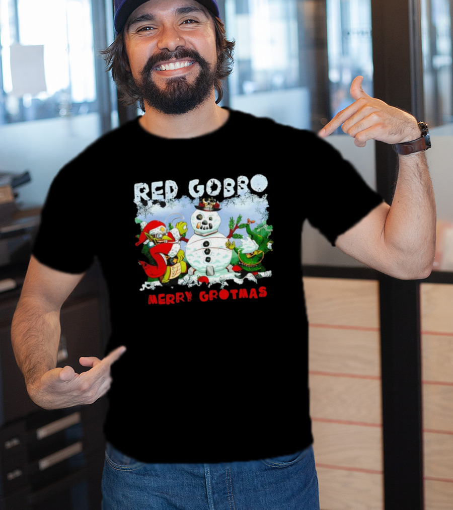 Red Gobbo Merry Grotmas Snowman Scene With Goblins Holiday Cheer T-Shirt