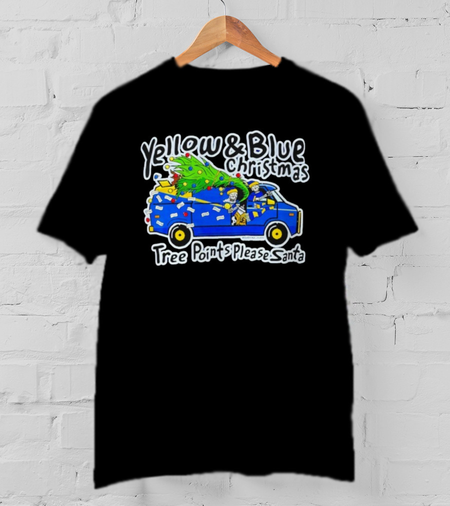 Yellow & Blue Christmas Tree Points Please Santa Van Holiday Humor T-Shirt
