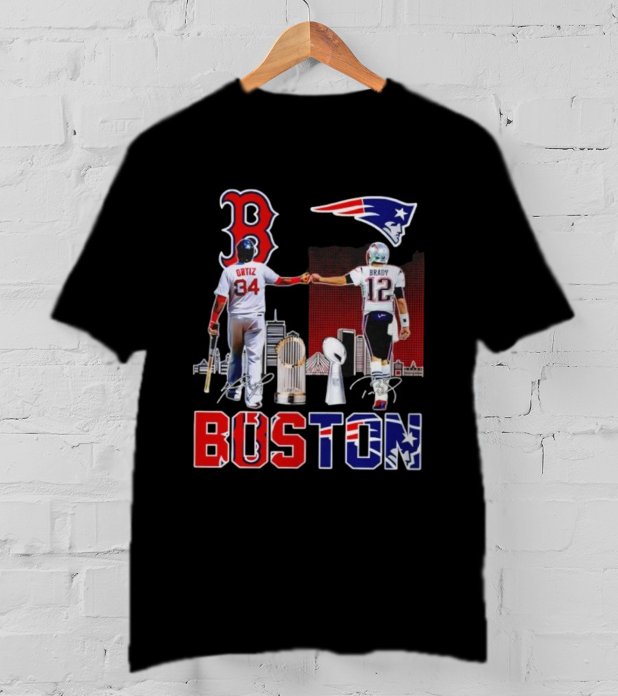 Boston Sports Ortiz Brady Signatures Patriots Red Sox Champions T-Shirt