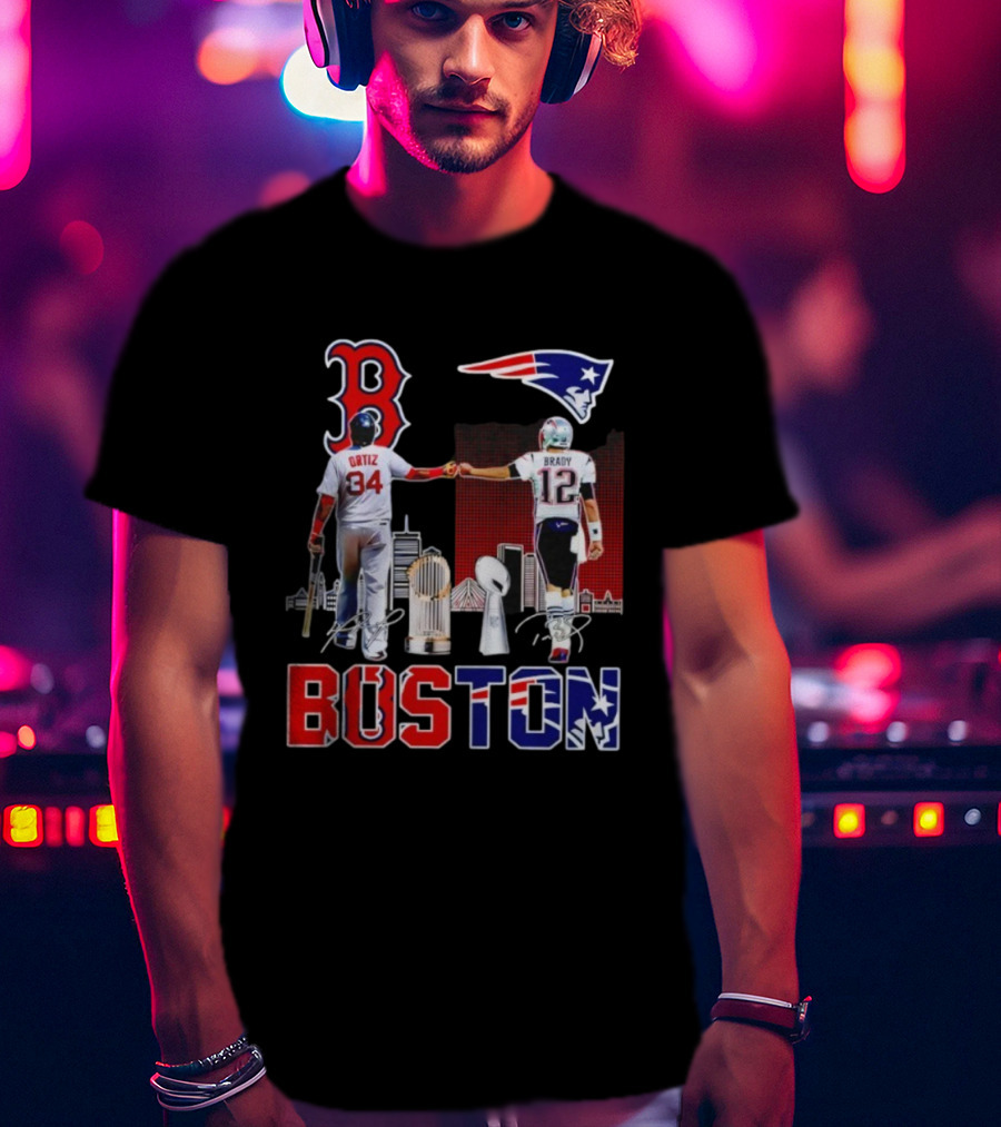 Boston Sports Ortiz Brady Signatures Patriots Red Sox Champions T-Shirt