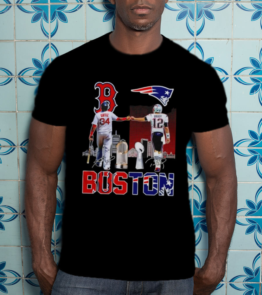 Boston Sports Ortiz Brady Signatures Patriots Red Sox Champions T-Shirt