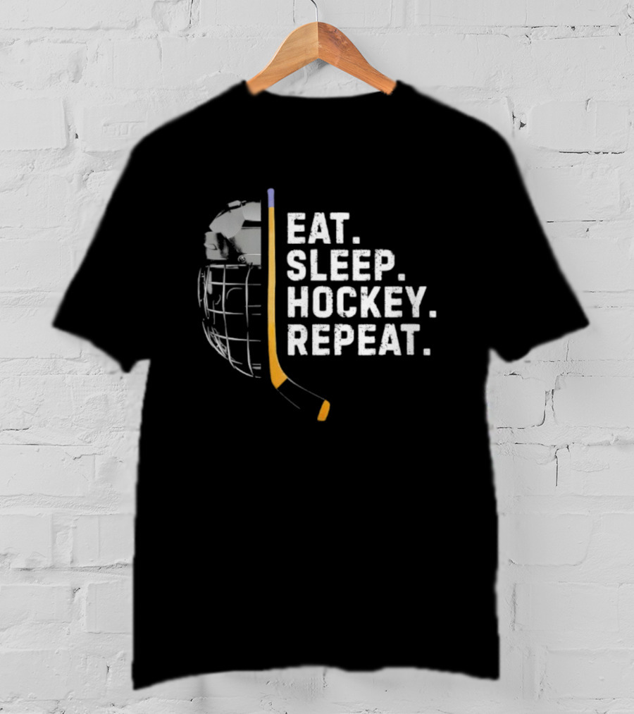 Eat Sleep Hockey Repeat Funny Cool Hockey Player Stick And Goalie Mask T-Shirt