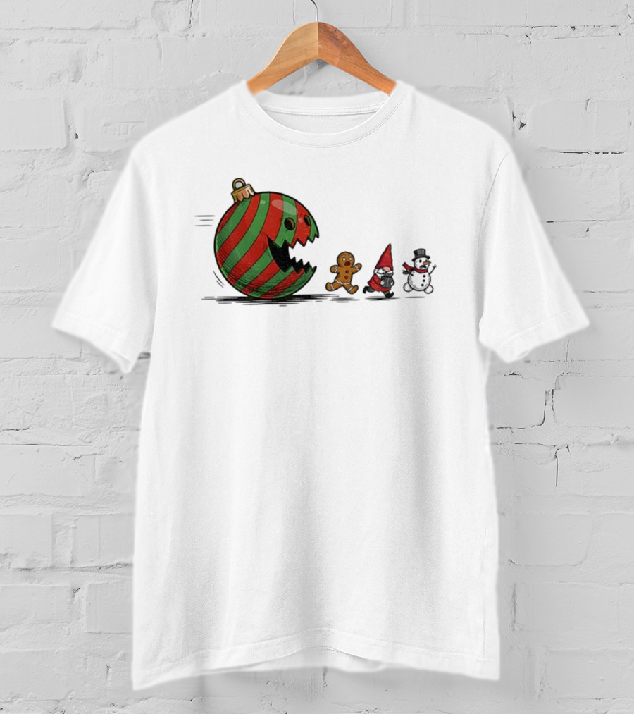 Pac-Man Christmas Gingerbread Gnome Snowman Santa Holiday Fun T-Shirt