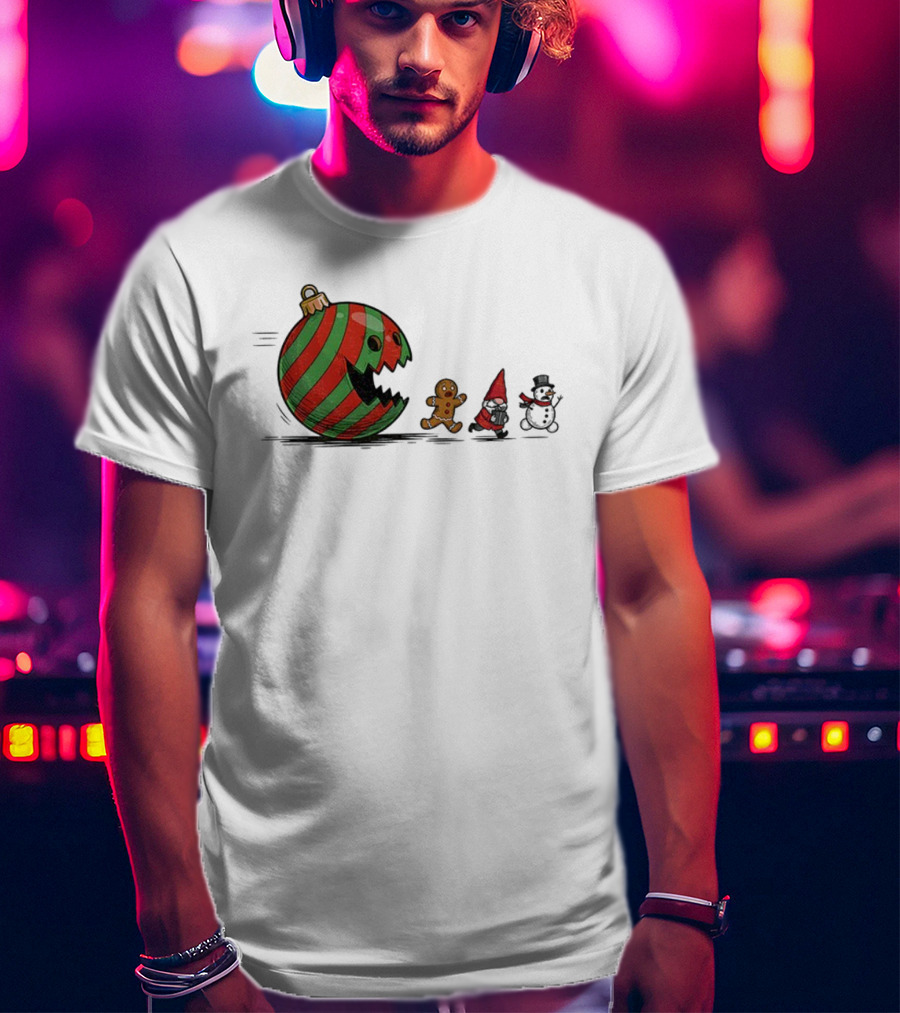 Pac-Man Christmas Gingerbread Gnome Snowman Santa Holiday Fun T-Shirt