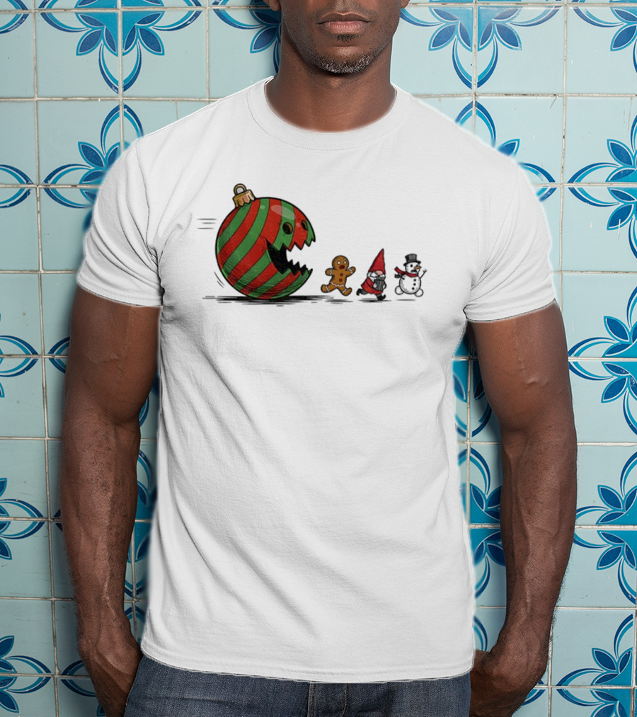 Pac-Man Christmas Gingerbread Gnome Snowman Santa Holiday Fun T-Shirt