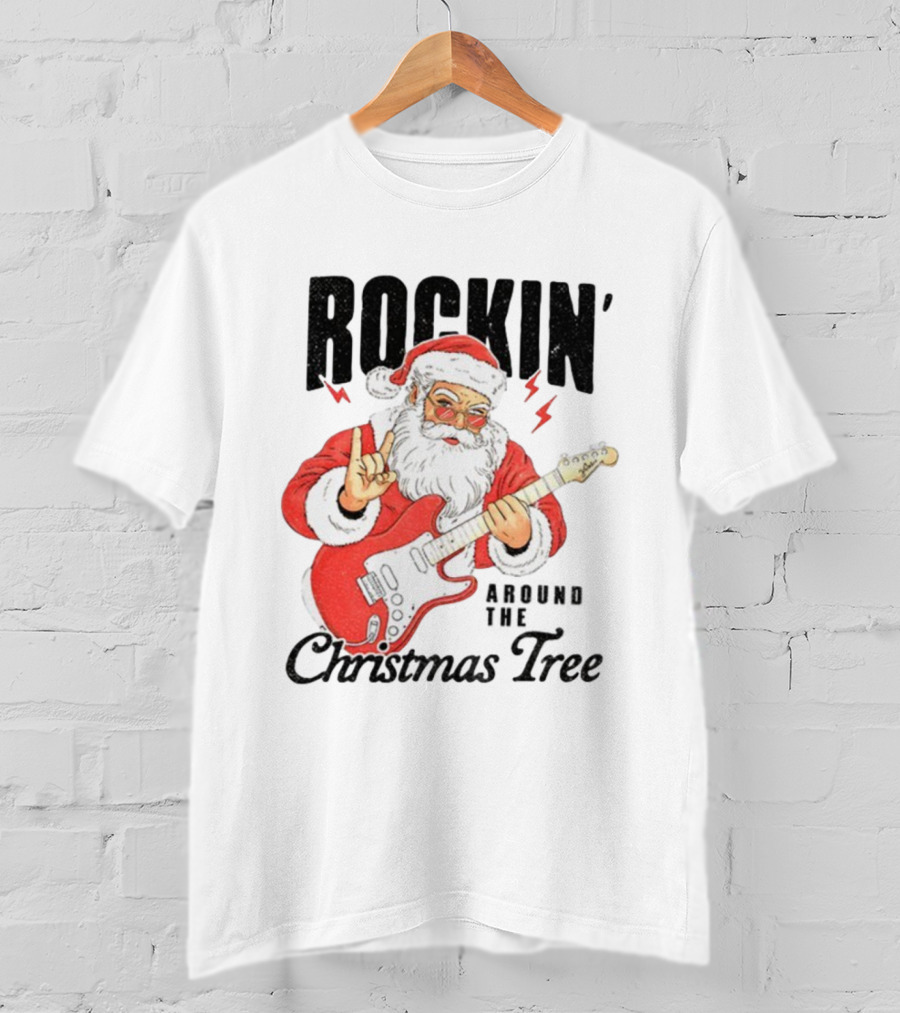 Rockin' Santa Claus Playing Guitar Around The Christmas Tree Merry Christmas T-Shirt