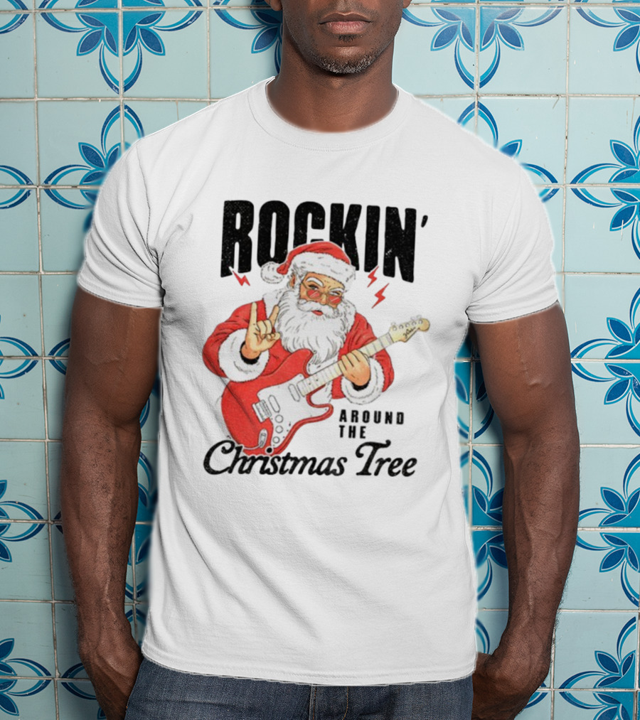 Rockin' Santa Claus Playing Guitar Around The Christmas Tree Merry Christmas T-Shirt