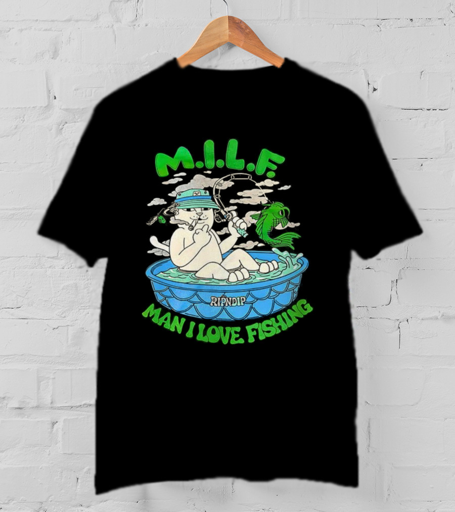 M.I.L.F Man I Love Fishing Cat In Boat Fun Design T-Shirt