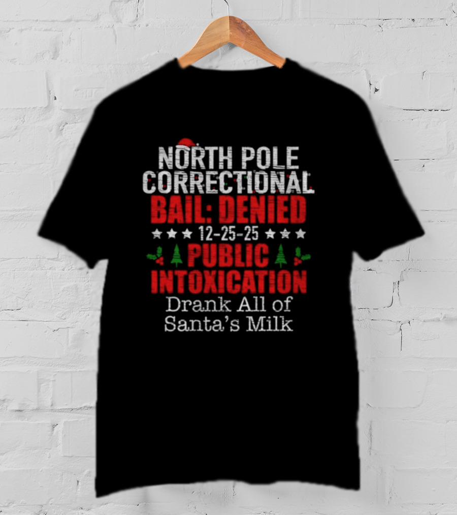 North Pole Correctional Bail Denied Public Intoxication Drank All Of Santa's Milk Christmas 12-25-25 T-Shirt