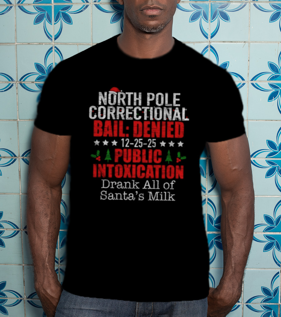 North Pole Correctional Bail Denied Public Intoxication Drank All Of Santa's Milk Christmas 12-25-25 T-Shirt