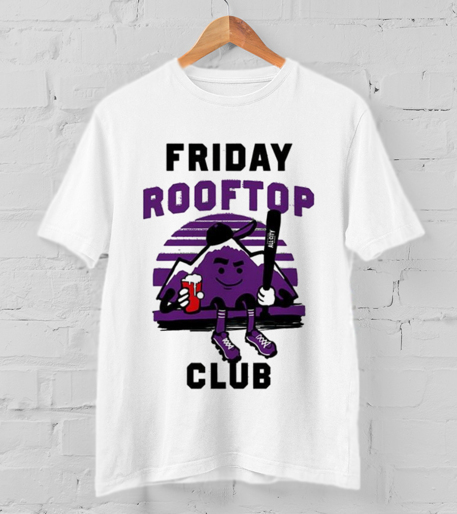 Friday Rooftop Club Colorado Rockies Playful Cartoon Baseball Bat Drink T-Shirt
