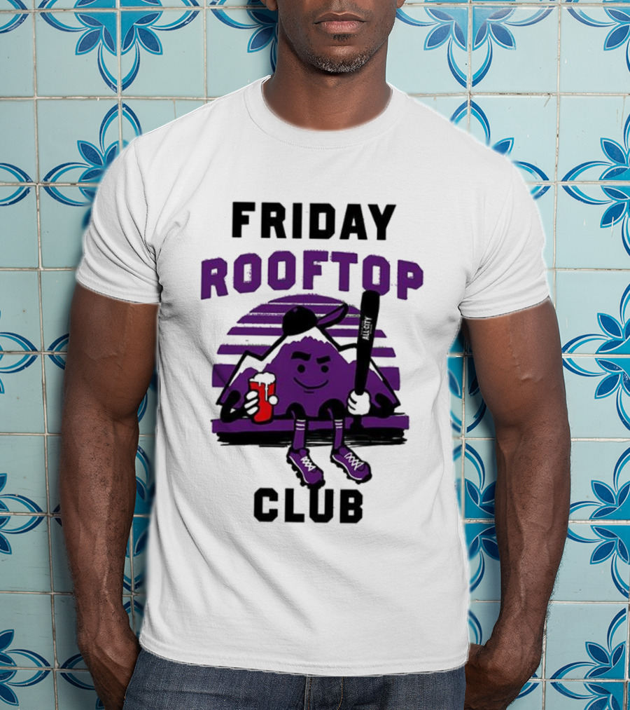 Friday Rooftop Club Colorado Rockies Playful Cartoon Baseball Bat Drink T-Shirt