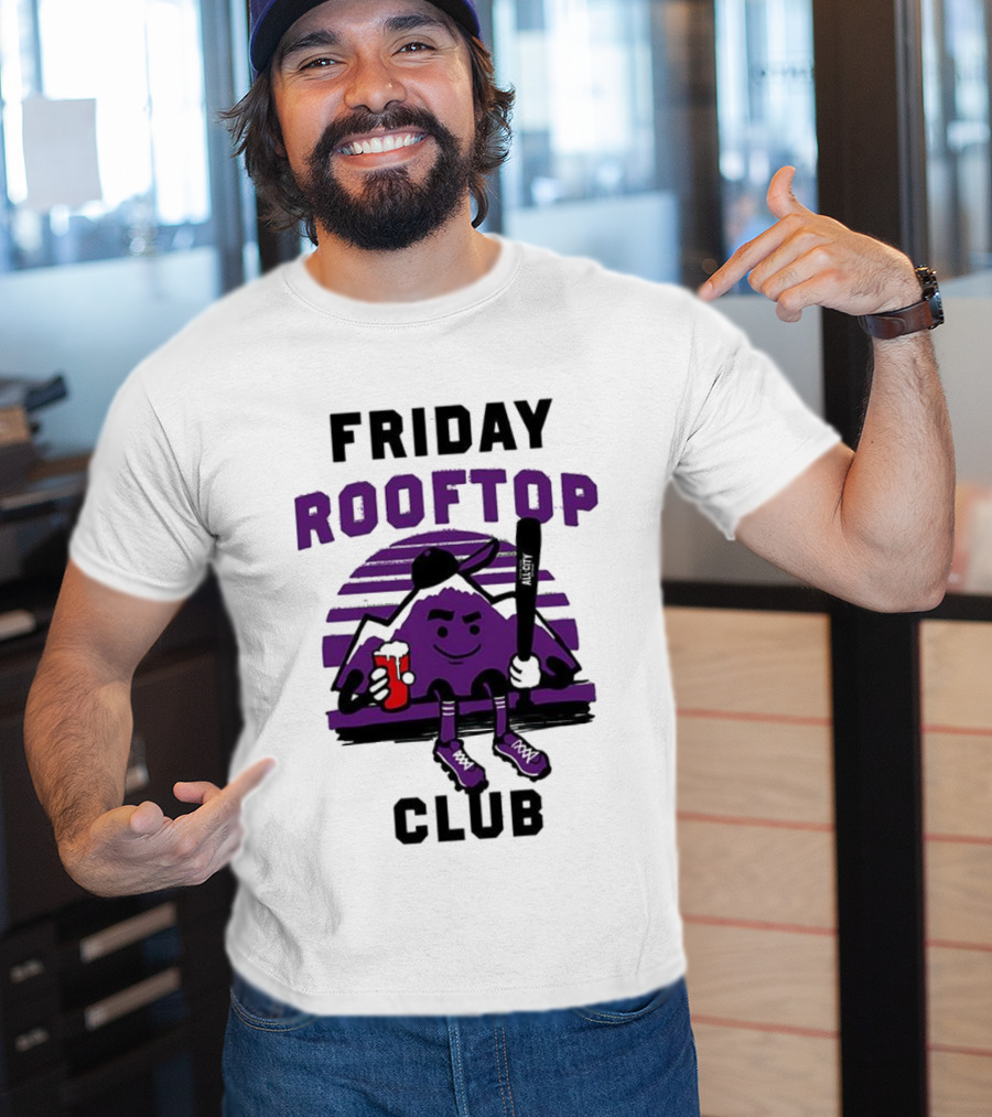 Friday Rooftop Club Colorado Rockies Playful Cartoon Baseball Bat Drink T-Shirt