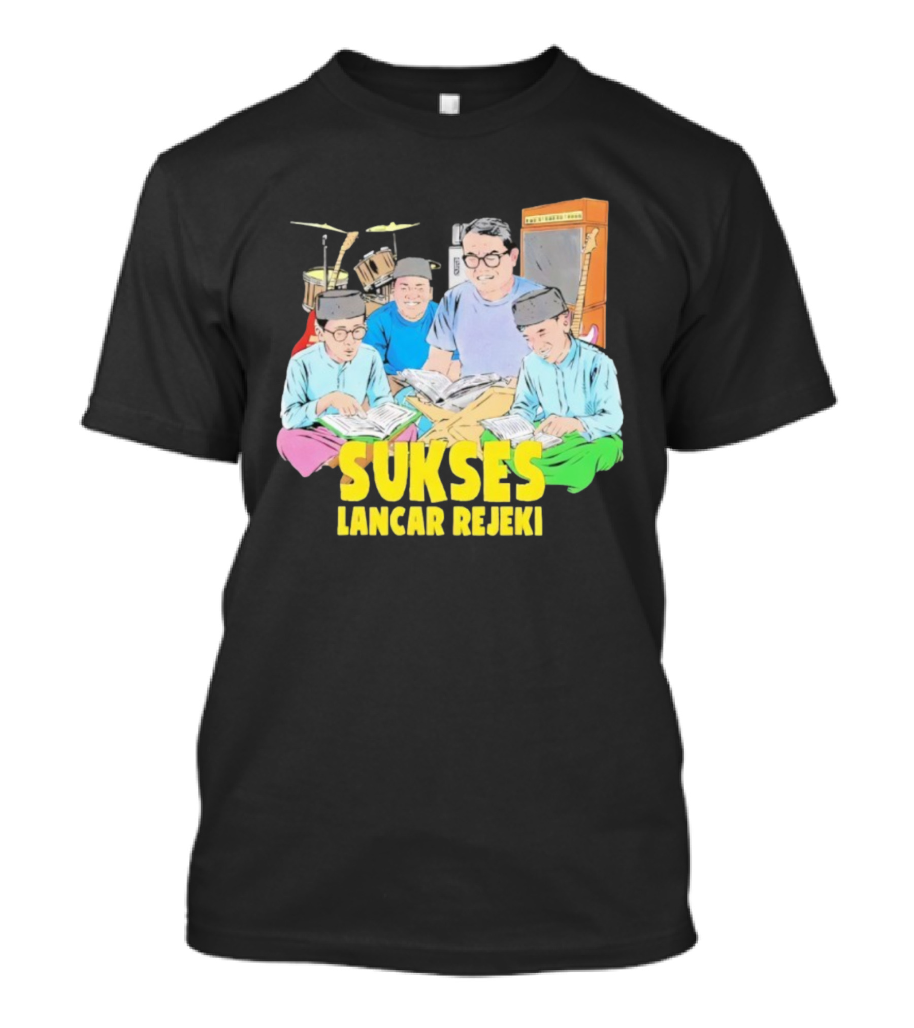 Sukses Lancar Rejeki Illustration With Reading Group And Musical Instruments T-Shirt
