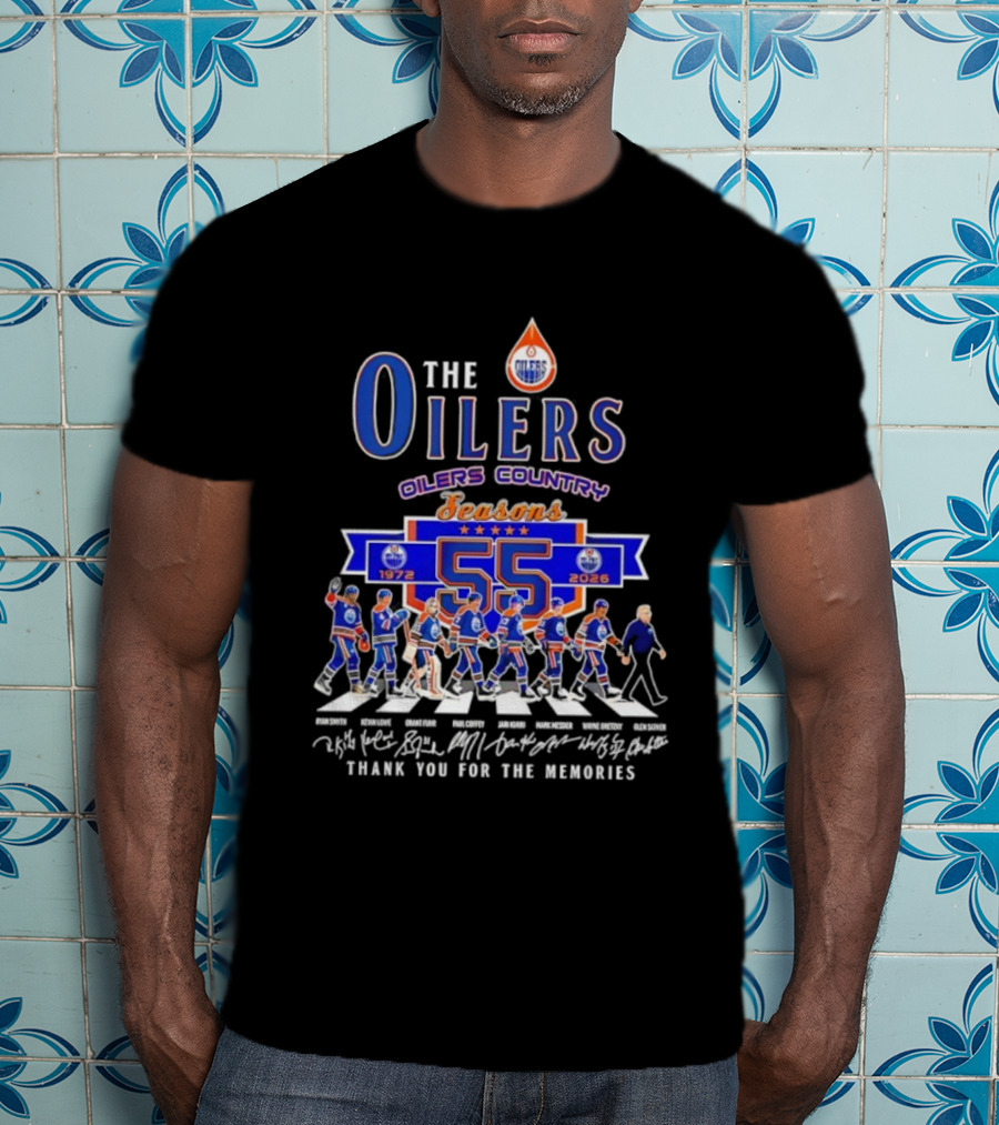 Edmonton Oilers Country 55 Seasons 1972-2026 Signatures Abbey Road Thank You T-Shirt