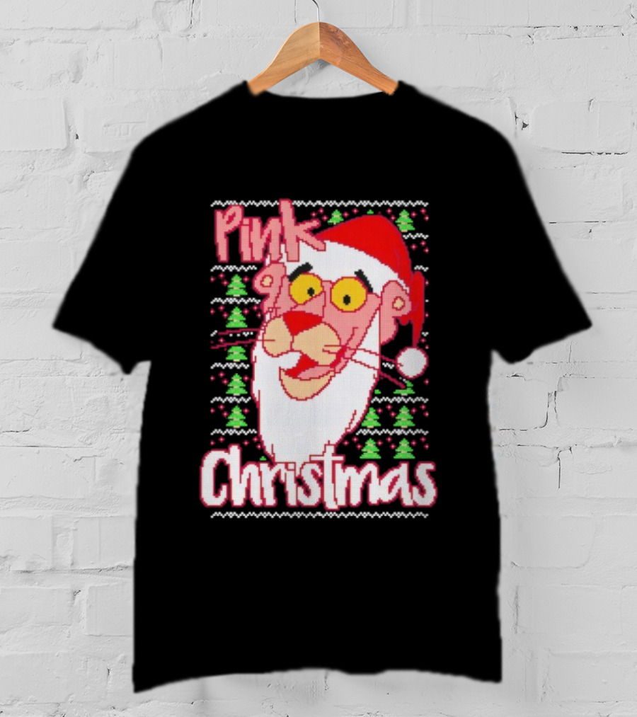 Pink Christmas Ugly Sweater Santa Hat Pink Panther T-Shirt