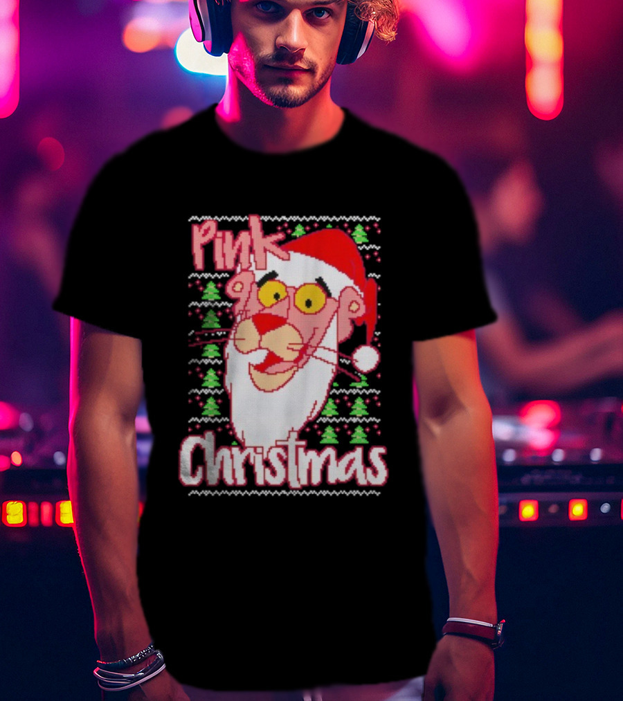 Pink Christmas Ugly Sweater Santa Hat Pink Panther T-Shirt