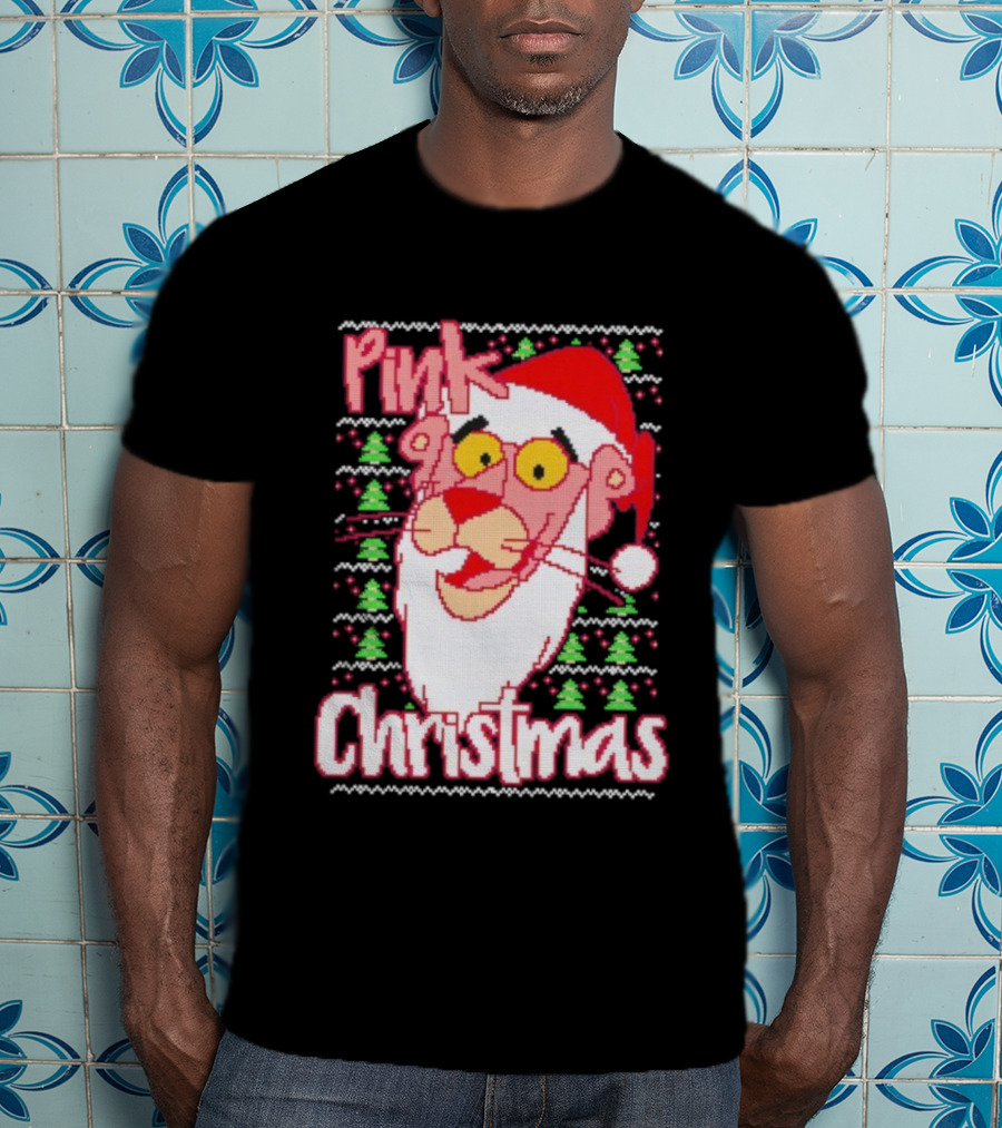 Pink Christmas Ugly Sweater Santa Hat Pink Panther T-Shirt