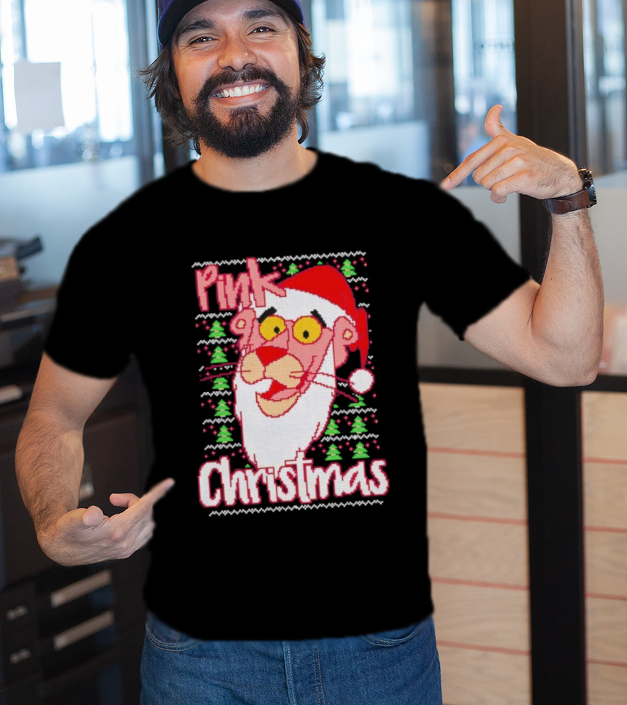 Pink Christmas Ugly Sweater Santa Hat Pink Panther T-Shirt
