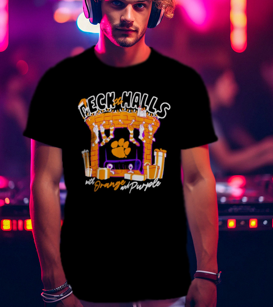 Clemson Tigers Deck The Halls With Orange And Purple Christmas Fireplace Stockings Gifts T-Shirt