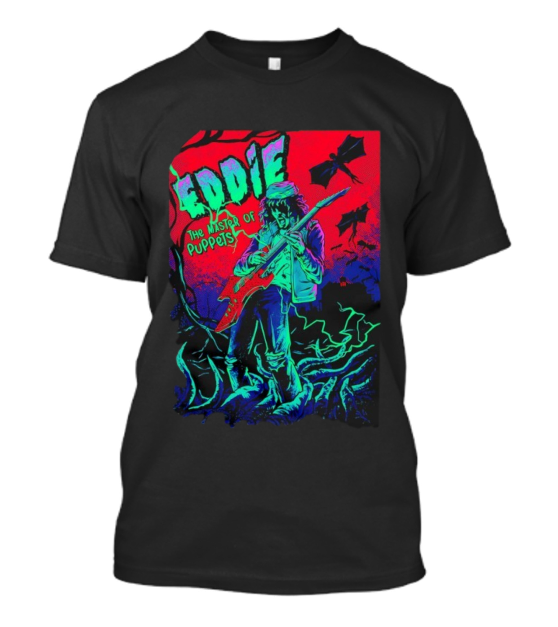 Eddie The Master Of Puppets Vintage Style Electric Guitar Player With Bats T-Shirt