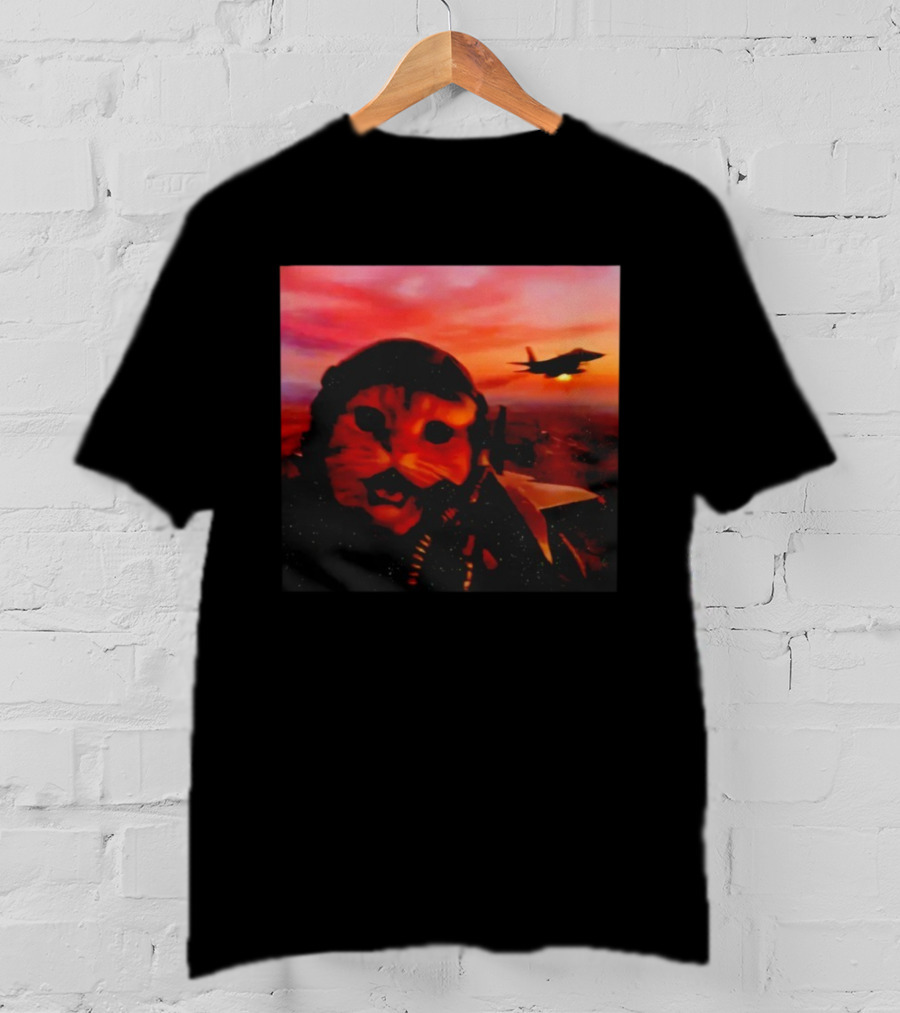 Funny Fighter Pilot Cat In Jet Helmet At Sunset With Jet Fighter T-Shirt