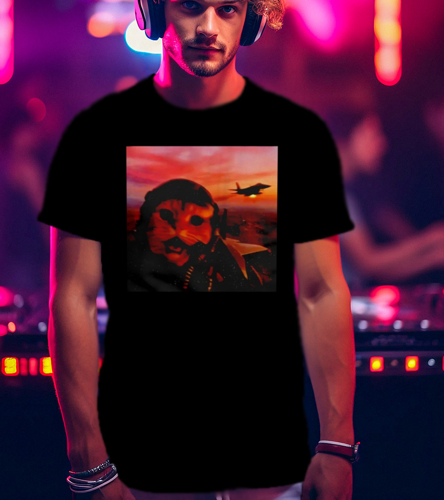 Funny Fighter Pilot Cat In Jet Helmet At Sunset With Jet Fighter T-Shirt