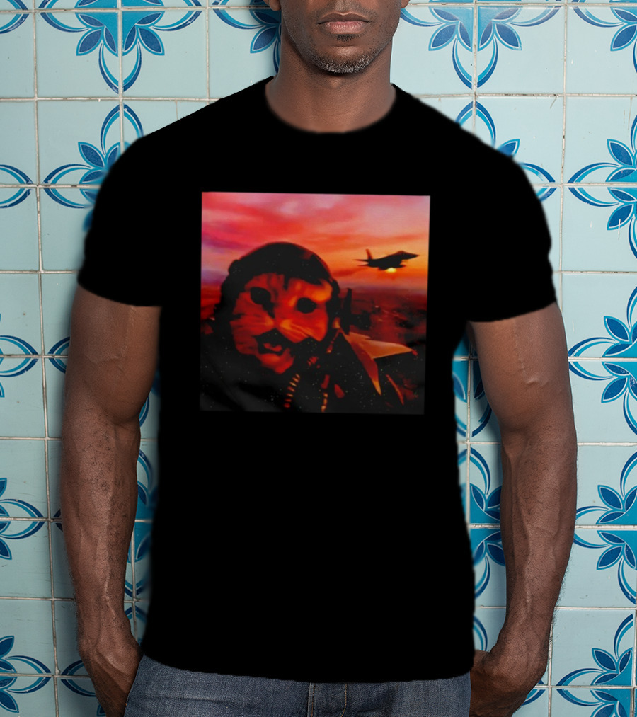Funny Fighter Pilot Cat In Jet Helmet At Sunset With Jet Fighter T-Shirt