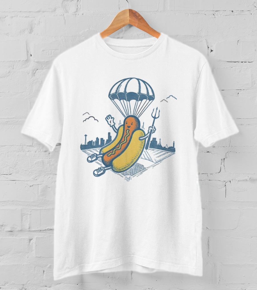 Seattle Baseball Hot Dogs From Heaven Parachuting Skyline T-Shirt