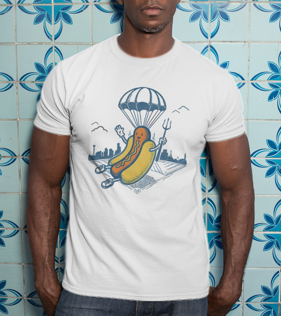 Seattle Baseball Hot Dogs From Heaven Parachuting Skyline T-Shirt