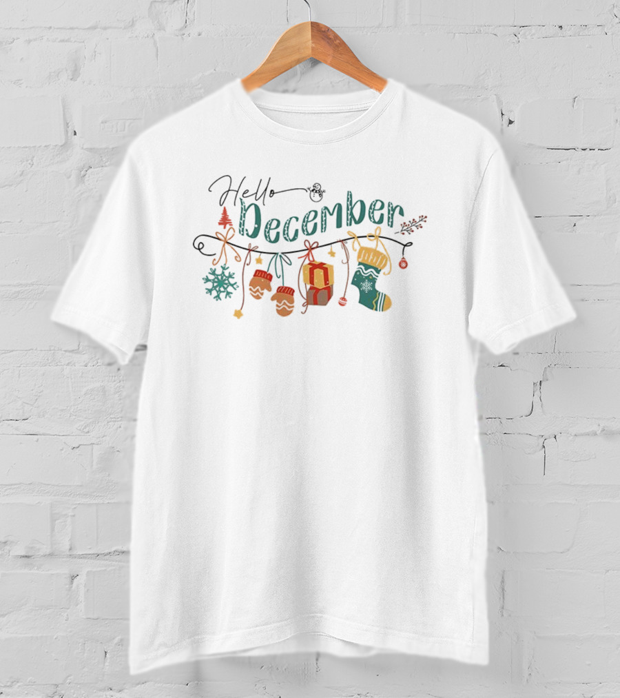 Hello December Christmas Gifts Santa Hats And Presents T-Shirt