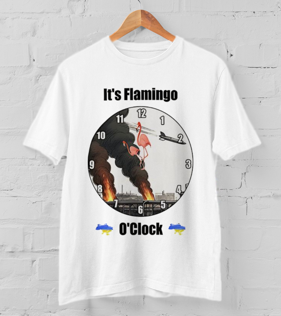 Flamingo O’clock Flamingos On Face With Plane And Fire Imagery T-Shirt