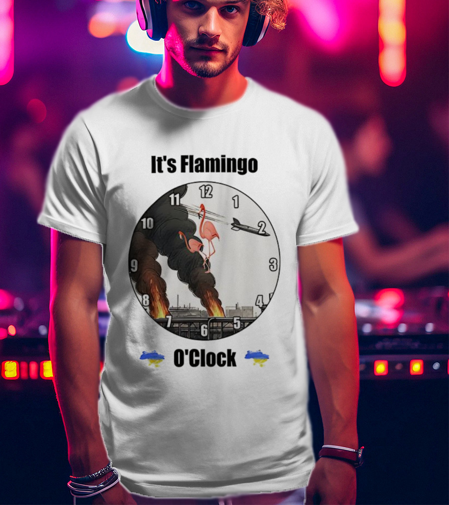 Flamingo O’clock Flamingos On Face With Plane And Fire Imagery T-Shirt