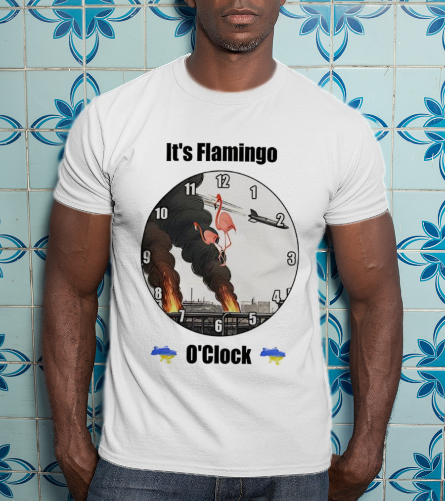 Flamingo O’clock Flamingos On Face With Plane And Fire Imagery T-Shirt