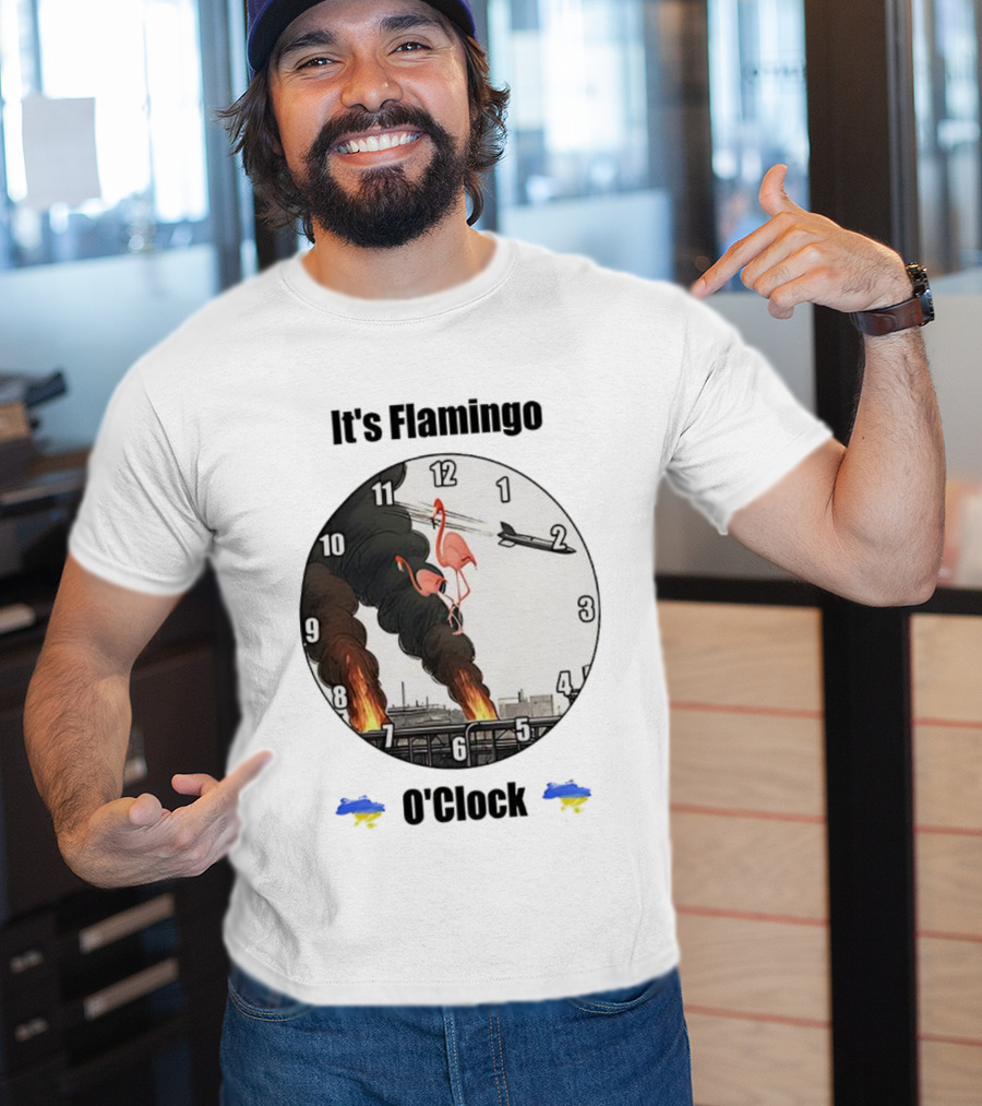 Flamingo O’clock Flamingos On Face With Plane And Fire Imagery T-Shirt