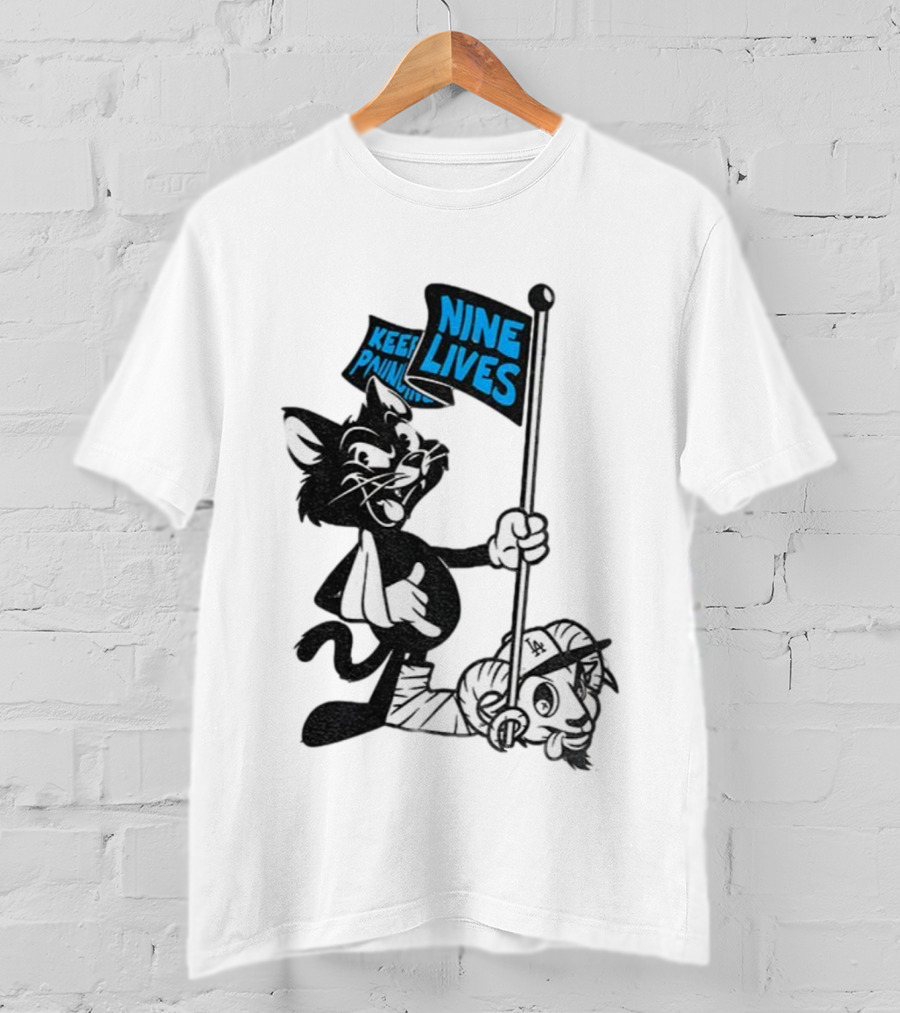 Roaring Riot Nine Lives Keep Pounding Carolina Panthers Beat LA Dodgers Goat T-Shirt