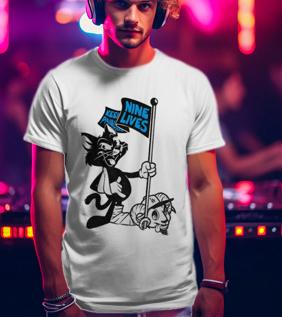 Roaring Riot Nine Lives Keep Pounding Carolina Panthers Beat LA Dodgers Goat T-Shirt