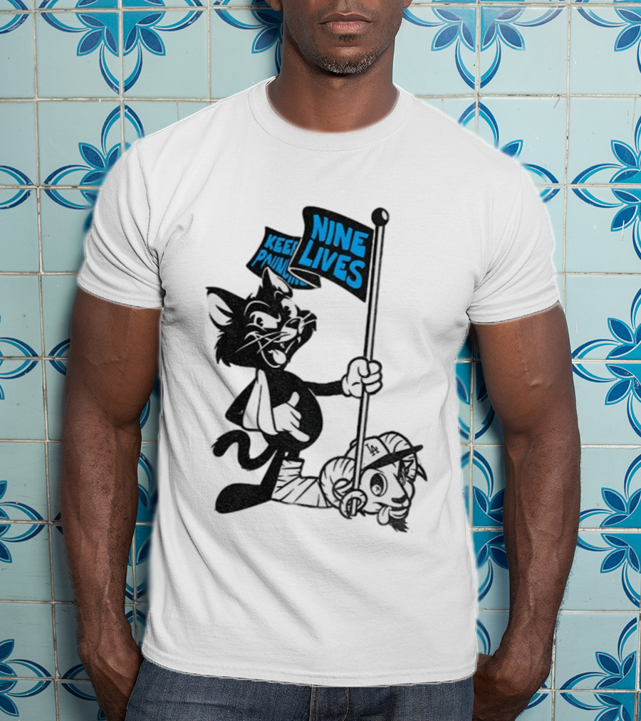 Roaring Riot Nine Lives Keep Pounding Carolina Panthers Beat LA Dodgers Goat T-Shirt