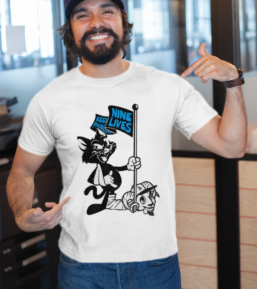 Roaring Riot Nine Lives Keep Pounding Carolina Panthers Beat LA Dodgers Goat T-Shirt
