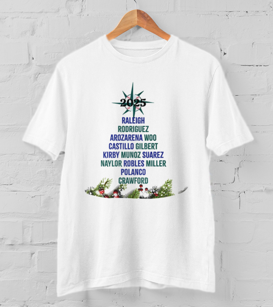 Seattle Mariners Player Names Christmas Tree 2025 Holiday Raleigh Rodriguez Francearlorosscho Suarezeuloogliebsby T-Shirt