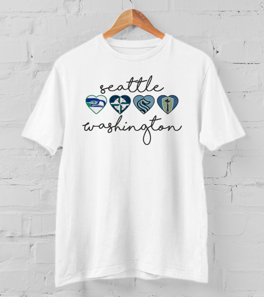 Seattle Washington Seahawks Sounders Kraken Mariners Hearts T-Shirt