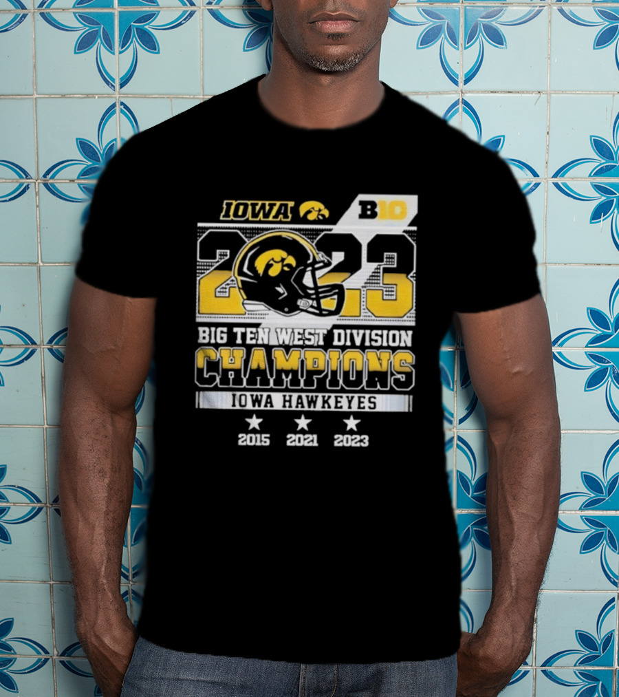 Iowa Hawkeyes Big Ten West Division Champions 2023 Helmet Logo With 2015 2021 Titles T-Shirt
