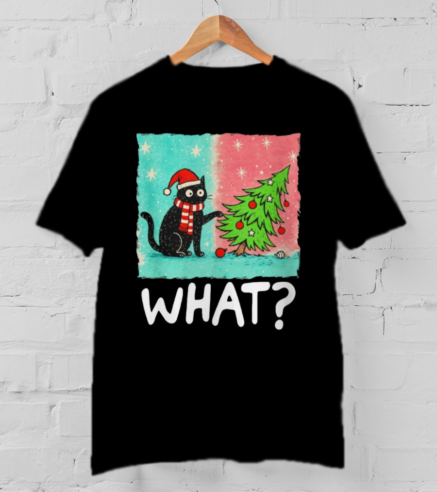 Black Cat Santa Hat Pushing Christmas Tree What T-Shirt