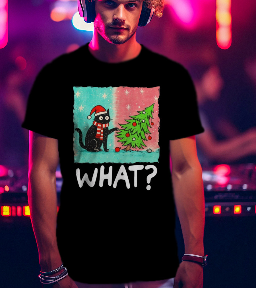 Black Cat Santa Hat Pushing Christmas Tree What T-Shirt