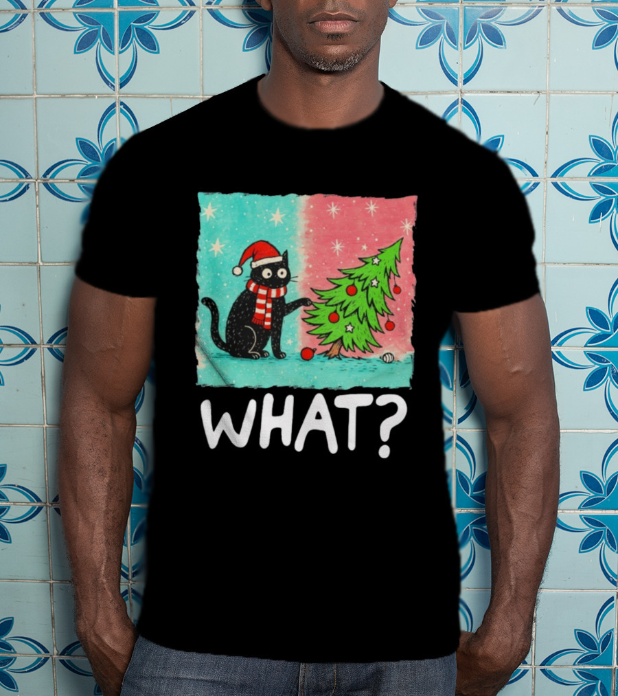 Black Cat Santa Hat Pushing Christmas Tree What T-Shirt