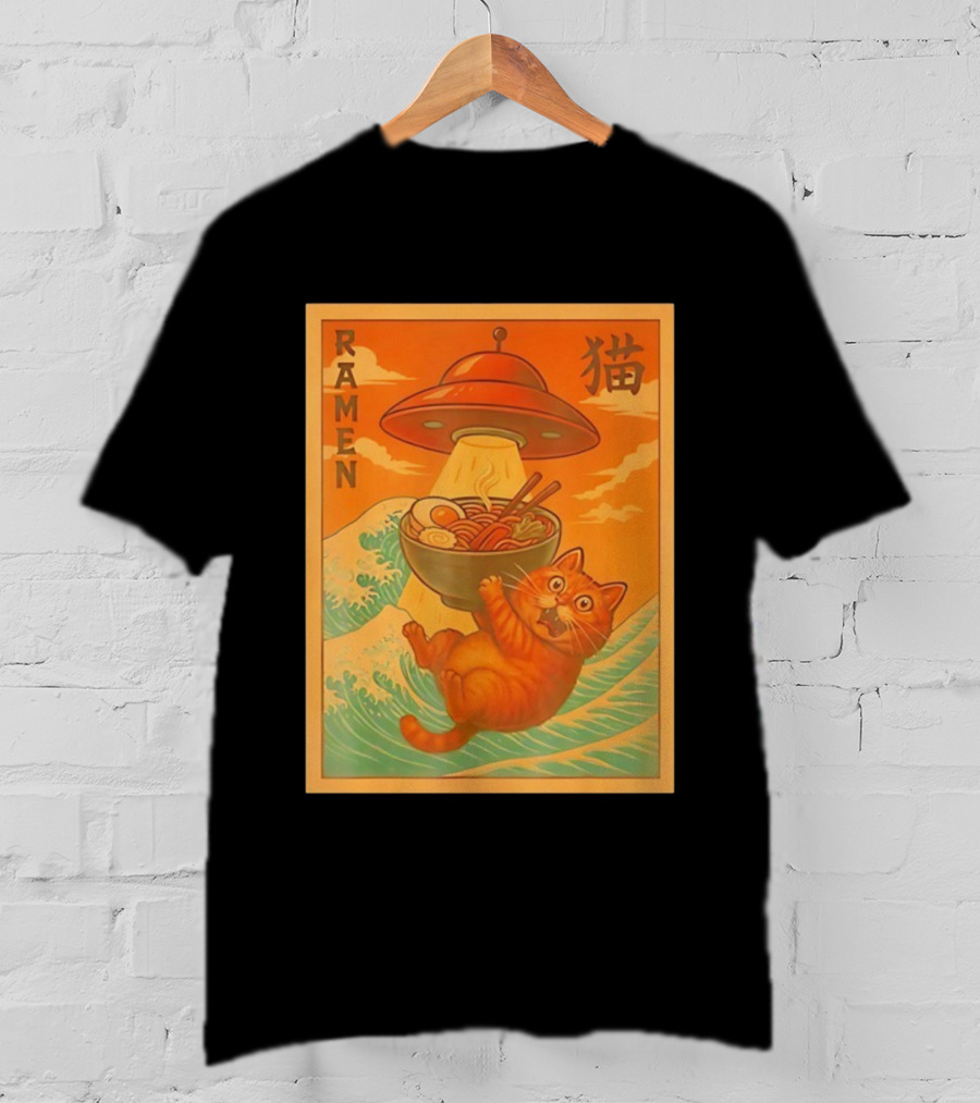 Ramen Cat UFO Funny Japanese Anime Retro Wave Scene T-Shirt