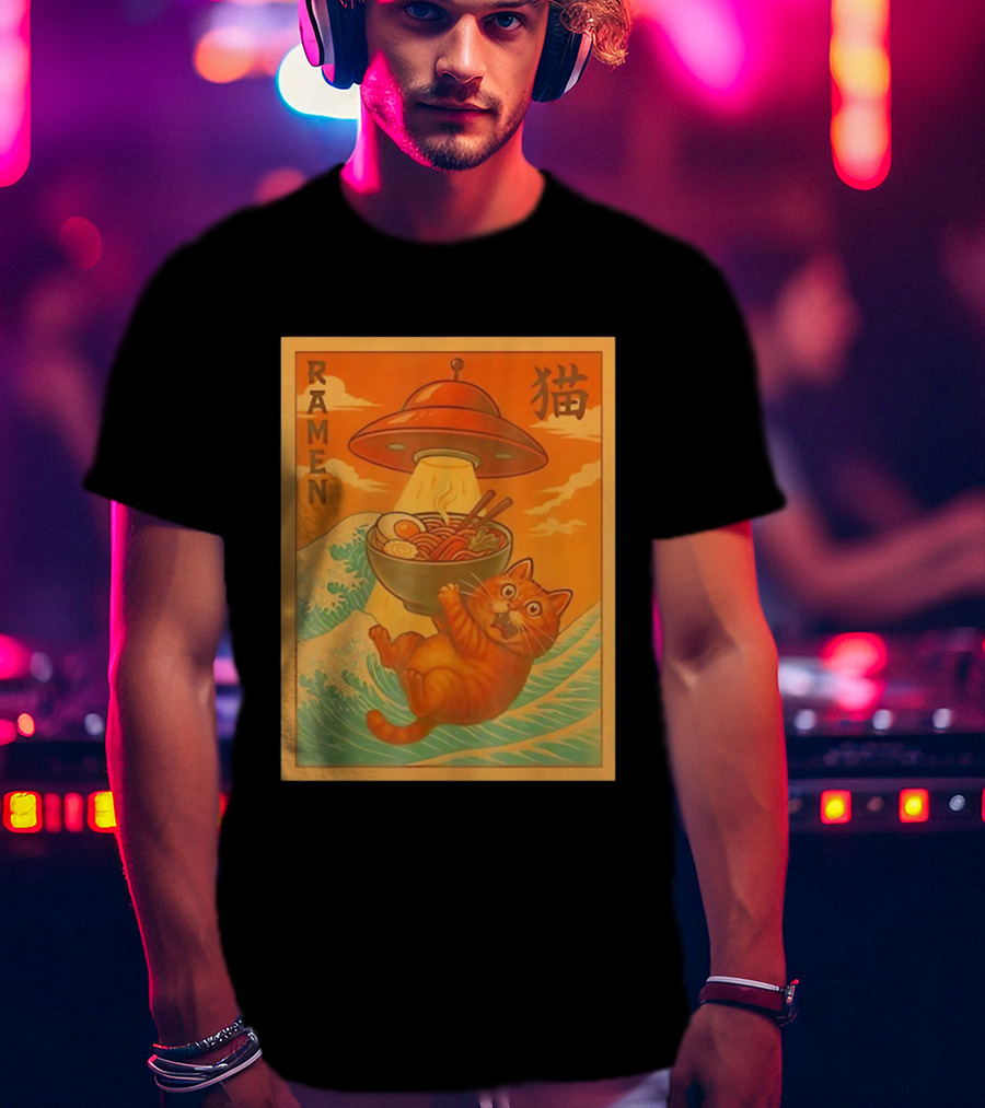 Ramen Cat UFO Funny Japanese Anime Retro Wave Scene T-Shirt